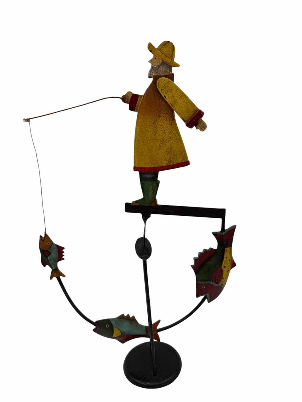 Nautical Metal Fisherman Folk Art Fishing Kinetic Teeter Totter, 18", Super Cute